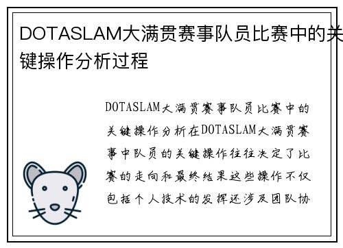 DOTASLAM大满贯赛事队员比赛中的关键操作分析过程